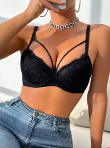 DesireSculpt 1 pieza Sujetador de lencería ajustable con aros con encaje romántico y sexy de contraste