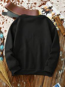 SHEIN EZwear 女士休闲星星印花圆领长袖套头衫，秋冬 - 黑色 - 查看 3