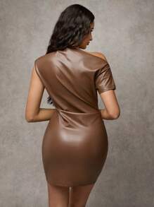 SHEIN BAE Women's Autumn/Winter Chocolate Brown Sexy Asymmetrical Neck Asymmetric PU Leather Mini Dress, Suitable For Office, Outdoor, Lining Or Standalone, Cocktail Party, Retro, Base, Valentine's Day, Holiday, Outfits, New Year's Eve, Sexy, Rhinestone, Elegant, Cocktail Dress, Nightlife, Going Out, Commuting, Dating, Afternoon Tea, Party, Fall, Winter
