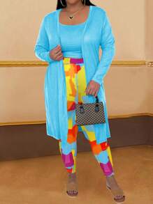 Maweii Bộ 3 món cỡ lớn: Áo len cardigan dài tay màu trơn + Áo hai dây màu xanh + Quần legging họa tiết kẻ caro - Nhiều màu - Xem 3