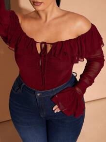 SHEIN BAE 大码秋季优雅外出性感派对女士黑色网眼露肩露肩荷叶边抹胸性感前中心系带荷叶边袖口聚拢紧身衣甜美紧身衣派对紧身衣婚礼宾客紧身衣万圣节装圣诞装生日派对装 - 酒紅色 - 查看 9