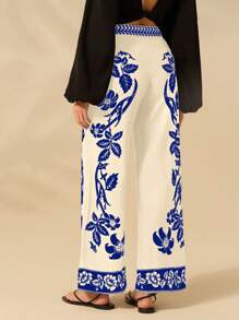 CAJUNI Women Vacation Boho Tropical Flowery Pattern Print Black And White Casual Summer Long Pants