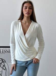Aloruh Women's Elegant Cross Wrap Warm T-Shirt, Autumn/Winter - Khaki - View 4