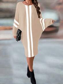 SHEIN LUNE Plus Size Women Striped Round Neck Batwing Sleeve Loose Long Sweater Dress For Autumn/Winter - Khaki - View 4