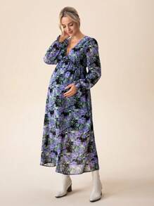 SHEIN 孕妇V领荷叶边长袖花卉印花连衣裙