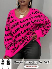 SHEIN CURVE+ Curve Plus Size Basic V-Neck Long Sleeve Heart Pattern Contrast Color Red Sweater, Autumn/Winter Knitted Top New Year's Party And Valentine's Day - Hot Pink - View 3