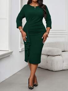 SHEIN Lady Autumn And Winter Christmas Party Dress Elegant Vintage Work Wedding Cocktail Party Deep Red Knitted Round Neck Pencil Flounce New Product Bodycon Dress Plus Size Dresses Bridesmaid Dress