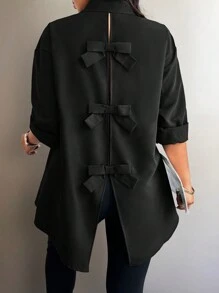 Elenzga Große Größen Frauen Einfarbig Langarm Lose Hemd Mit Schleife Dekor Auf Der Rückseite, Herbst - Schwarz - Übersicht 5