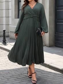 Vionelle Elegantes dunkelgrünes V-Ausschnitt plissiertes Langarm-Maxikleid in Große Größen für Damen, Herbstoutfit, einfarbige Kleidung für Urlaub und Pendeln im Herbst für Frauen - Armeegrün - Übersicht 1