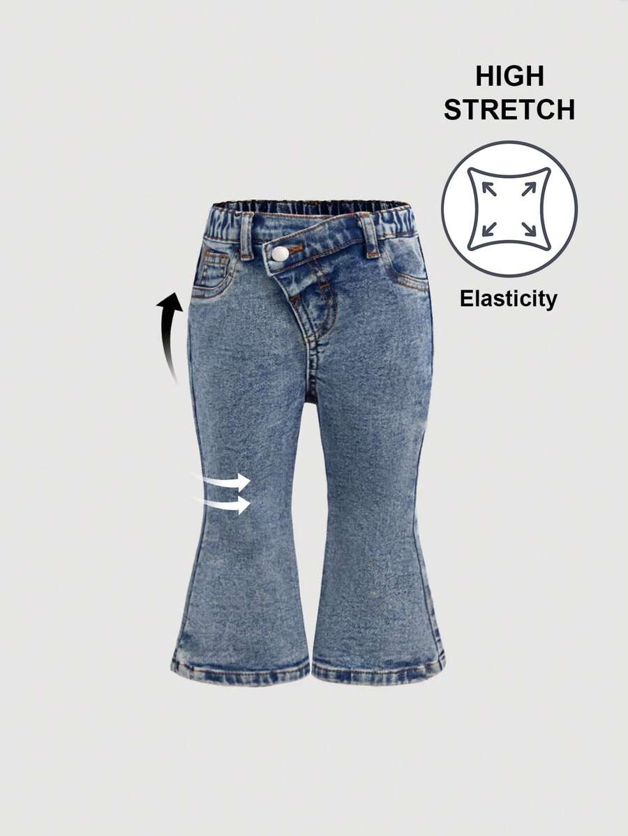 SHEIN Baby Girls Blue Denim Thermal Lined Flared Pants - Medium Wash - View 1