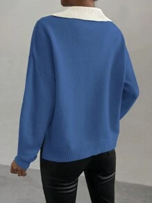 SHEIN LUNE Sweater Rajut Minimalis Lengan Panjang Motif Blok Warna untuk Wanita, Kasual untuk Pemakaian Sehari-hari di Musim Gugur dan Musim Dingin. - MultiWarna - View 2