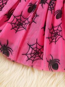 Conjunto de vestido de manga larga con malla y estampado de araña de dibujos animados para niñas bebé en color rosa - Rosa - Ver 3