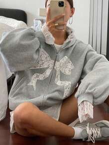 DAZY 女士蝴蝶结蕾丝印花宽松毛绒连帽卫衣，秋冬季保暖拉链外套 - 灰色 - 查看 12