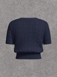 SHEIN EZwear 大码女式暖黄色可爱熊图案麻花针织纹理纯色圆领短袖修身针织上衣，夏季至初秋 - 藏蓝色 - 查看 2