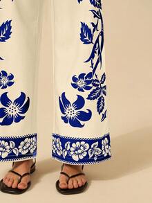 CAJUNI Women Vacation Boho Tropical Flowery Pattern Print Black And White Casual Summer Long Pants