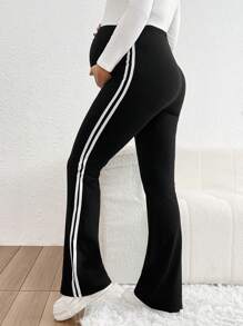 SHEIN Maternity Adjustable Waist Side Striped Flare Casual Pants - Black - View 2