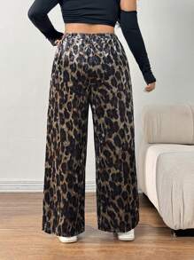 SHEIN EZwear Plus Size Women Velvet Leopard Print Casual High Waist Wide Leg Pants With Pockets, Versatile For Everyday Wear - Brown - View 2
