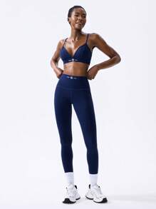 VARSITIE 2 件女式字母印花短款运动胸罩和高腰紧身裤运动套装，日常健身服 - 藏蓝色 - 查看 4