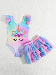 Sparklyn 2pcs Cute Unicorn Cartoon Print Young Girls Swimsuit, Consisting Of Mesh Splicing Ruffle Hem Swimsuit & Tie Dye Ruffle Trim Cover-Up Skirt, Adorable Girls Beach Outfit Summer Holiday - Multicolor - View 5