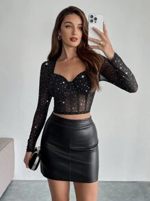 Firerie Women's Elegant Party Fashionable Sweetheart Neck Sweetheart Neck Party Top, Suitable For Autumn/Winter - Black - View 5