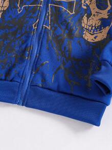 Gothic Letter & Skull Print Hooded Sweatshirt For Teenage Boys, Street Style, Halloween - Blue - View 3