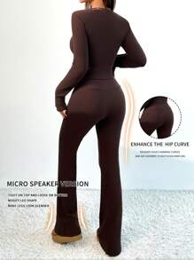 Chiquease 女士双面羊毛保暖内衣套装，长袖上衣和修身休闲裤，秋冬 - 咖啡棕 - 查看 2