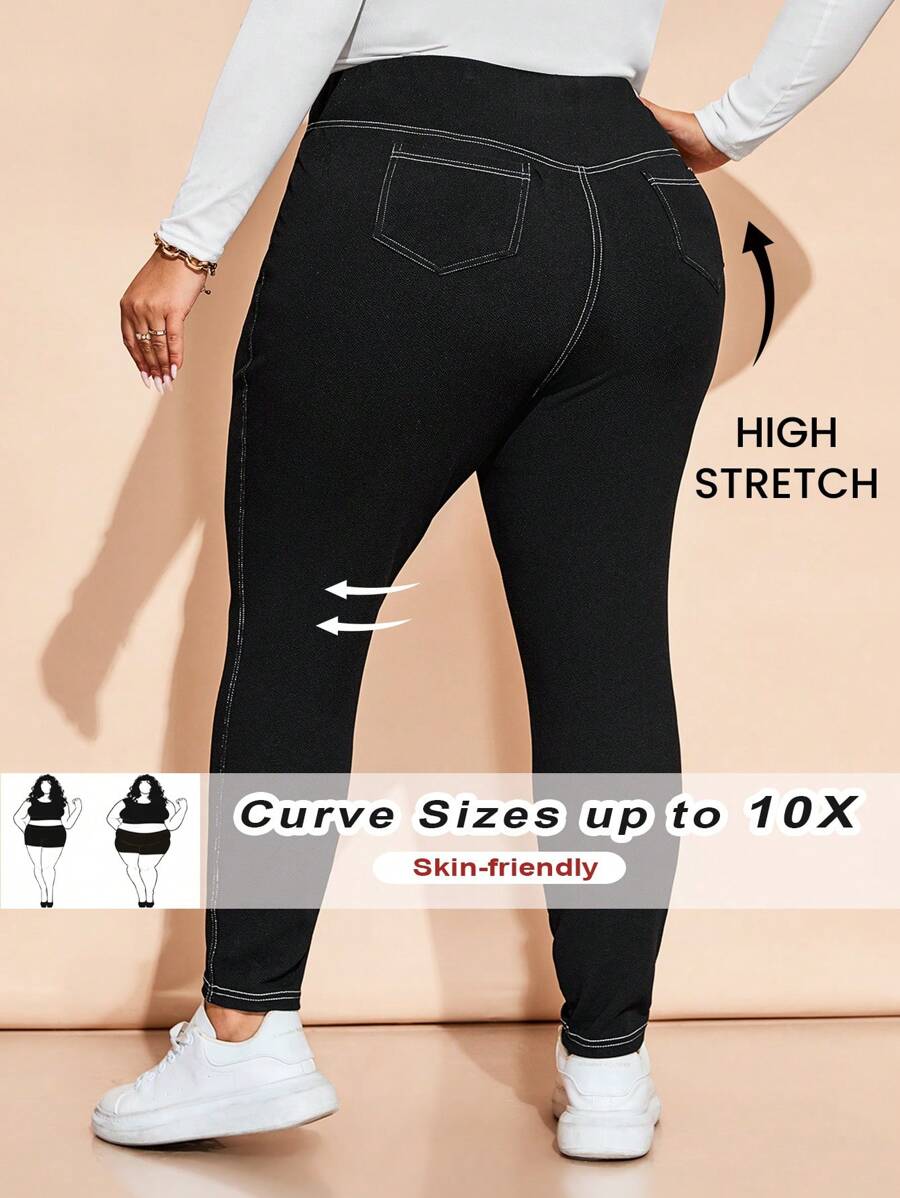 SHEIN CURVE+ Curve Plus Women's Casual Seam Topstitched Skinny Pants, Autumn/Winter - Black - View 1