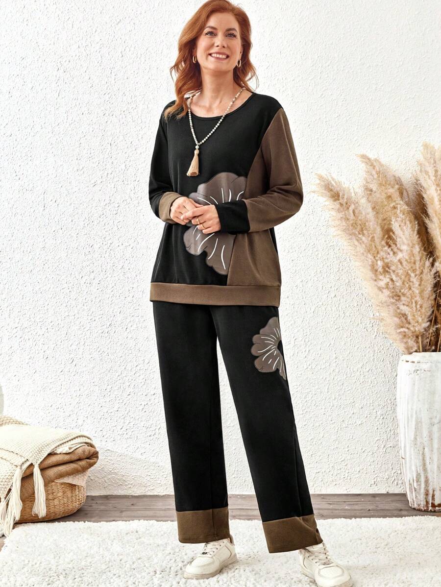 EMERY ROSE 2pcs Solid Color Patchwork Round Neck Long Sleeve Floral Print Casual Top And Pants Set, Plus Size - Black - View 1