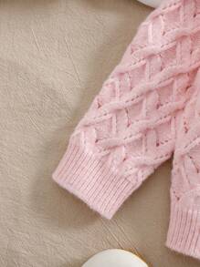 SHEIN Vintaside Kids Baby Girls Pink And White Cardigan With Oversized Cute Family Matching Collar, Solid Color Ruffle Hem, Soft Knit, Suitable For Autumn/Winter - Pink - View 6