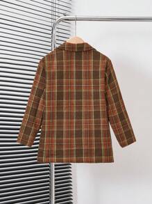 SHEIN Tween Boys' Solid & Plaid Splice Long Sleeve Woolen Coat