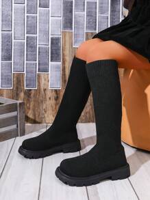 Nuevos calcetines-botas de alta elasticidad para niños para otoño/invierno, con suela gruesa antideslizante y de punto - Negro - Ver 4