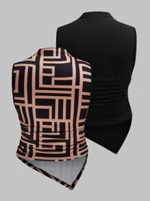 SHEIN Clasi Bộ áo ba lỗ cổ cao họa tiết hình học và màu trơn cỡ lớn cho nữ 2 món - Nhiều màu - Xem 2