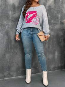 SHEIN LUNE Plus Size Women Black Boat Neck Long Sleeve Lip Print Casual Pullover Sweater For Autumn