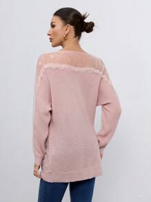 SHEIN Tall Áo len dài tay cổ thuyền cánh dơi ren tương phản - Màu Hồng baby - Xem 2