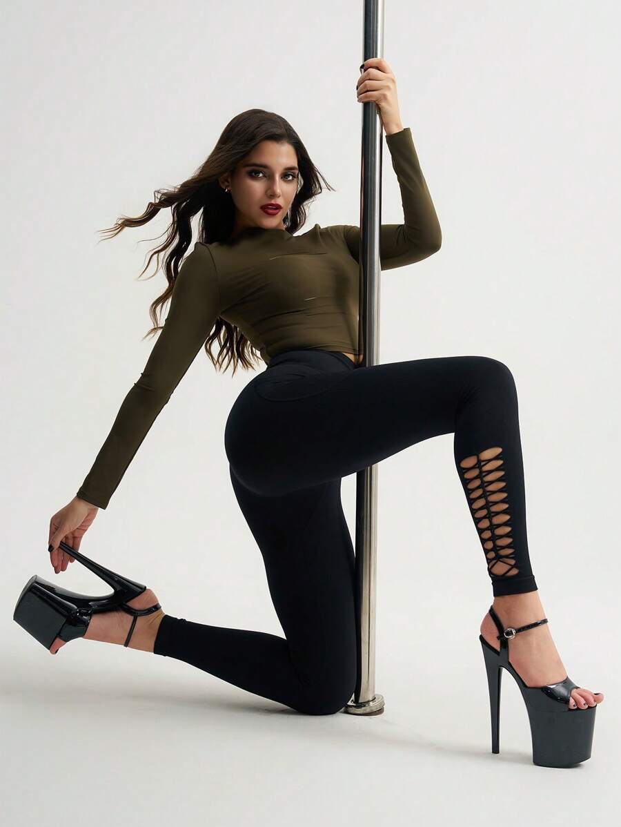 Menodora SHEIN Sport Women Black High Waist Hollow Minimalist Sport Leggings, For Pole Dance & Daily Fitness