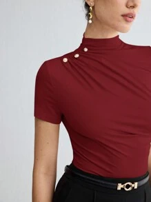 BizChic Femmes T-shirt plissé à manches courtes de couleur unie élégant, tenue décontractée chic pour dames, enseignantes, bureau, écTop haut basique