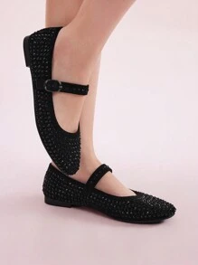 CUCCOO DOLLMOD Women's Fashion Black Mary Jane Rhinestoned Flats, Commuting, Dating, Party, Holiday, Campus, Sweet For And Vibe And Spring Shoes Spring Break Easter For Christmas Spring Shoes - Black - View 4