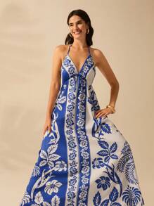 CAJUNI 女式度假热带波西米亚风花朵和椰子树印花细肩带系带休闲海滩夏装 - 藍色 - 查看 6