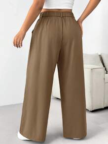 SHEIN EZwear Quần ống rộng xếp ly trơn cỡ lớn cho nữ mặc tốt nghiệp, trở lại trường, trang phục giáo viên cho phụ nữ vào mùa thu/đông - Lạc đà - Xem 2