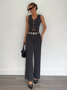 SHEIN Essnce Completo da donna 2 pezzi, canotta senza maniche e pantaloni a righe, abbigliamento da ufficio, abbigliamento da insegnante, completo formale, completo casual a righe da due pezzi, completi da donna, tailleur, streetwear