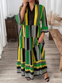 SHEIN LUNE Plus Size Women V-Neck 3/4 Sleeve Dot & Striped Print Casual Long Loose Dress