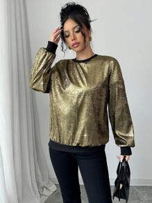 Chiquease 2024秋季新款女士宽松长袖卫衣，金色箔印图案，中长款，适合新年假日派对穿着。 - 金色 - 查看 7