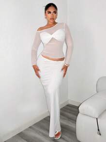 Zolique Camiseta sexy para mujer con manga larga, hombro oblicuo, malla y retorcido transparente