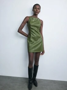 Maija Nuevo vestido mini urbano y elegante para mujer de otoño/invierno, con tirantes de PU, decoración de strass, de color verde musgo, para uso casual diario