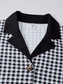 Tween Girl Houndstooth Print Button Front Long Sleeve Jacket + White Camisole + Black Flare Leg Pants Elegant 3Pcs Set - Black - View 8