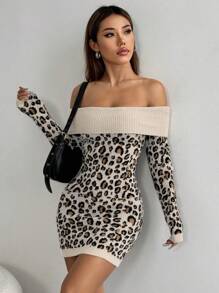 SHEIN Unity 1pc Sexy Leopard Print Off Shoulder Sweater Dress Fall Cloth For Women - Multicolor - View 3