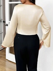 SHEIN Frenchy Plus Size Women Elegant Solid Color Cowl Collar Asymmetric Hem Button Down Shirt, Suitable For Spring/Autumn - Apricot - View 4