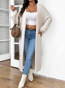 SHEIN Frenchy 大码女式休闲宽松纯色落肩长袖长开衫，适合秋冬季，保暖