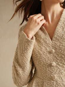 Anewsta 女士 V 领高腰灯笼袖连衣裙，优雅宫廷风格长款粗花呢女装 - 杏色 - 查看 7