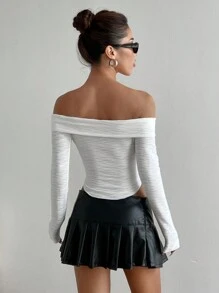 Flirla 1pc Women's Casual, Daily, Home, Commuting, Shopping Off-Shoulder Exposed Shoulder, Arc Hem Knit Texture T-Shirt Fall Cloth For Women